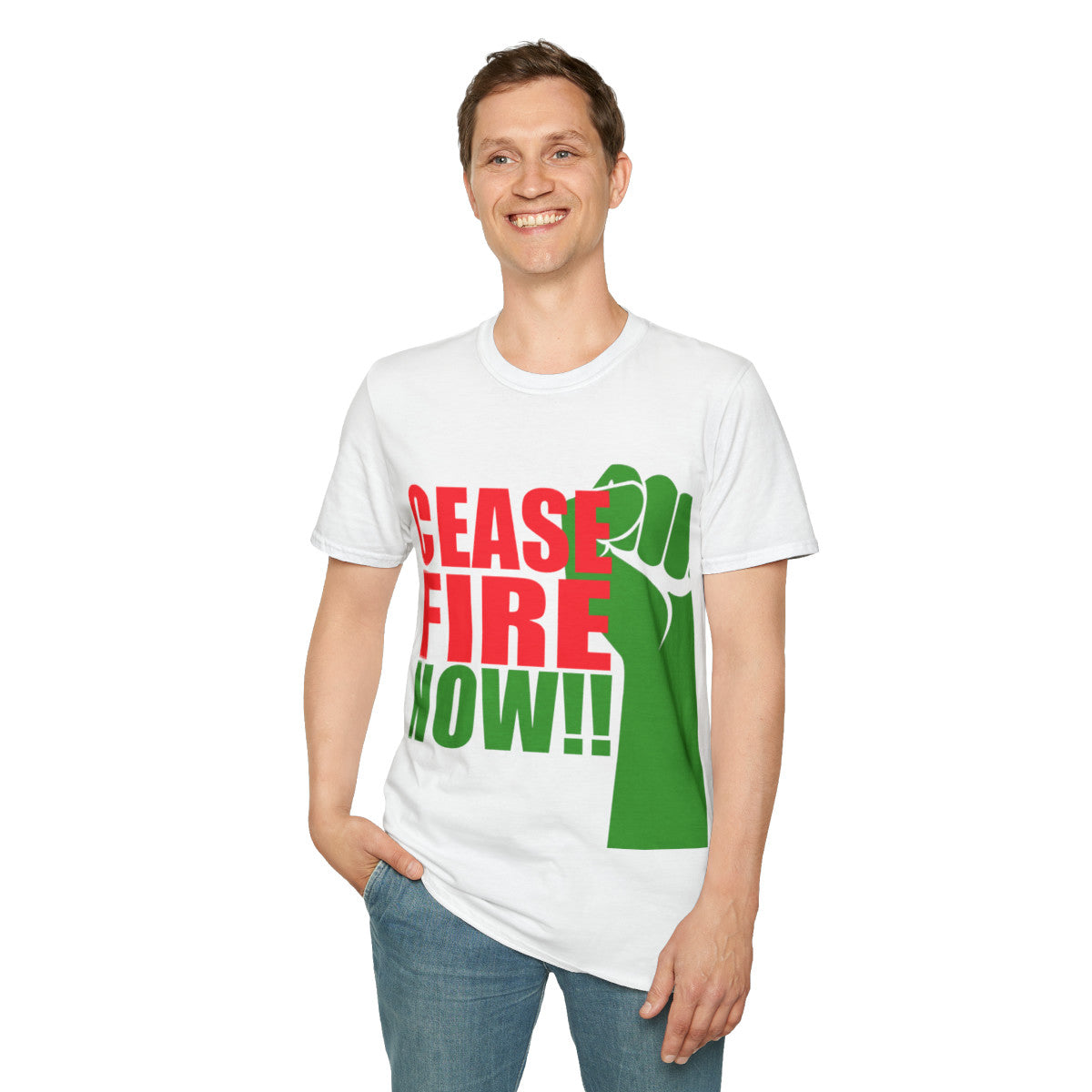 AP34 - "CEASEFIRE NOW!!" Unisex Softstyle T-Shirt