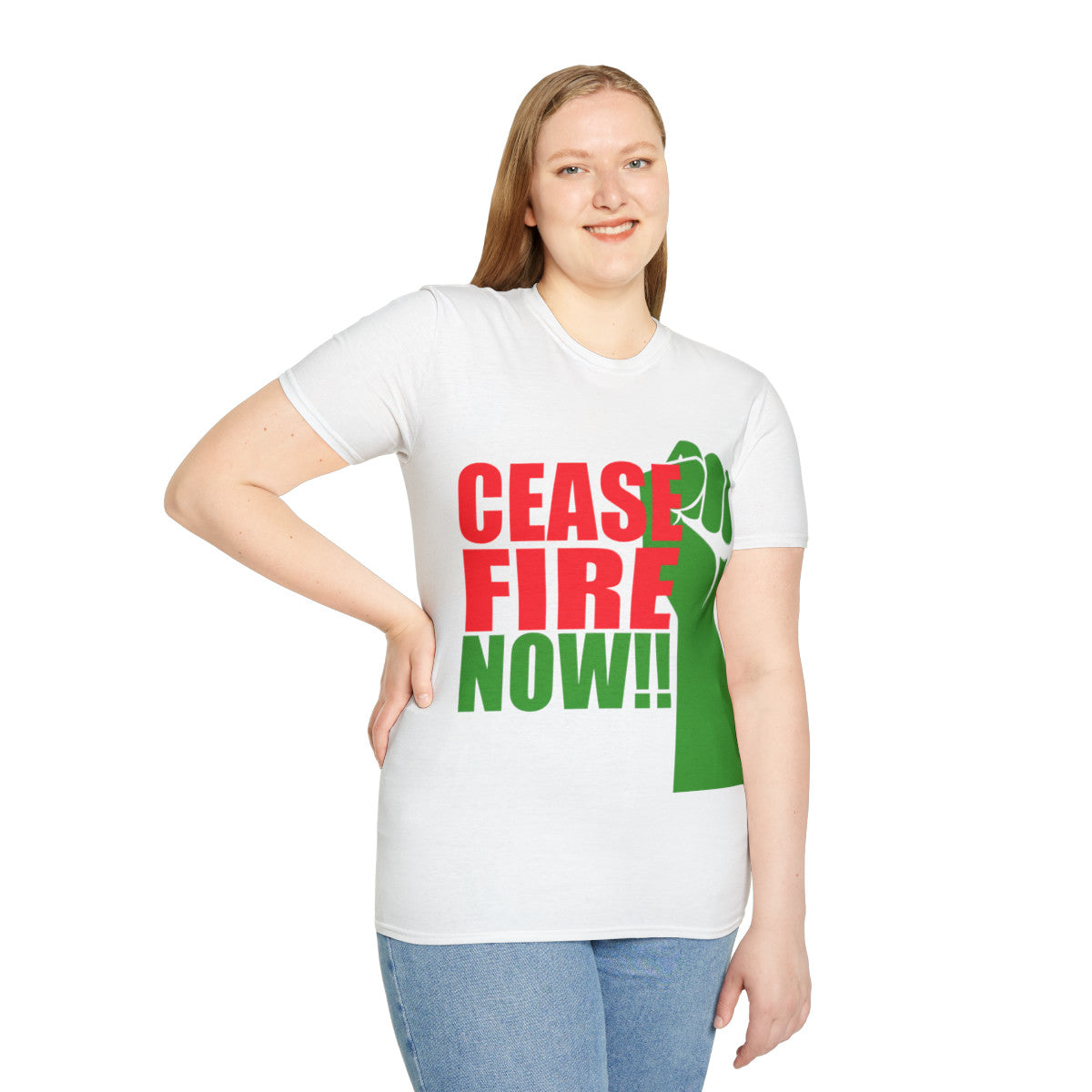 AP34 - "CEASEFIRE NOW!!" Unisex Softstyle T-Shirt